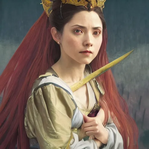 Image similar to a highly detailed portrait of buffy the vampire slayer as a medieval chinese princess, beautiful detail and color, art by john collier and albert aublet and krenz cushart and artem demura and alphonse mucha, volumetric lighting, octane render, 4 k resolution, matte, sharp focus, illustration, art by greg rutkowski and alphonse mucha