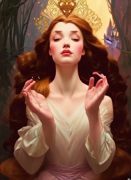 Image similar to portrait of disney sleeping beauty, intricate, elegant, highly detailed, my rendition, digital painting, artstation, concept art, smooth, sharp focus, illustration, art by artgerm and greg rutkowski and alphonse mucha and uang guangjian and gil elvgren and sachin teng, symmetry!!