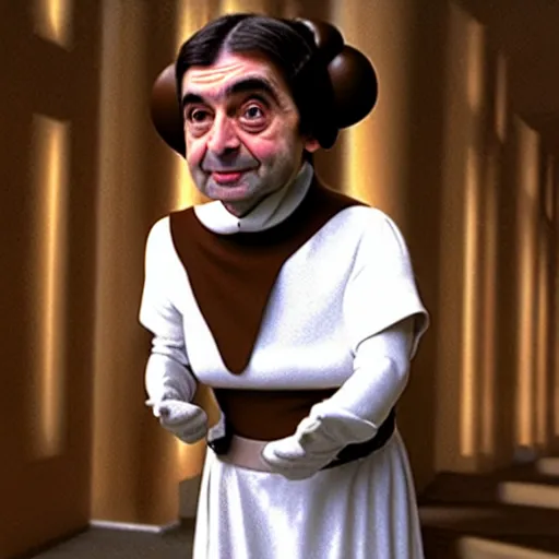 Image similar to mr. bean as princess leia from star wars. movie still. cinematic lighting.