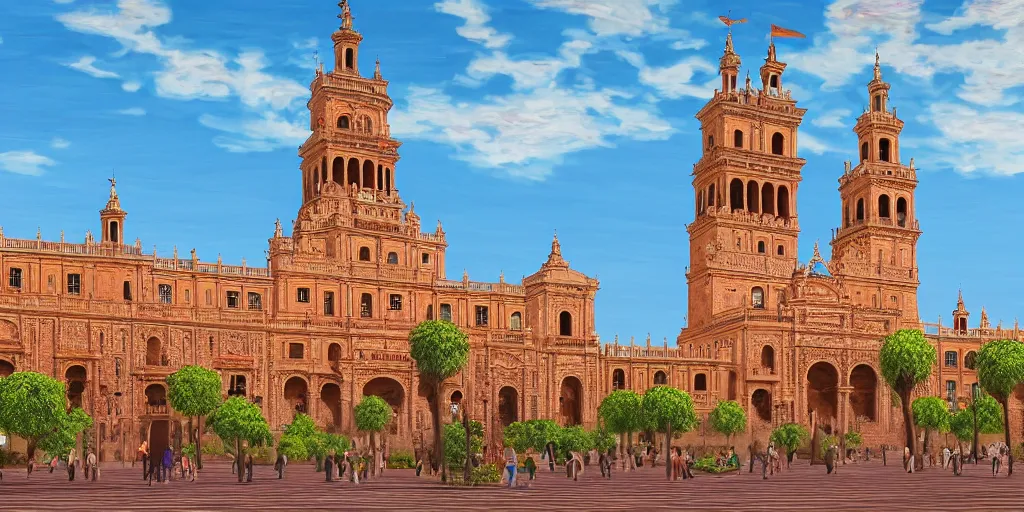 Image similar to ultra detailed and realistic painting of la plaza de espana ( seville ) inspired by very beautiful cute and colored disney movie backgrounds, rendered in 8 k unreal engine