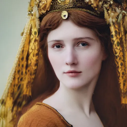 Prompt: kodak portra 4 0 0, 8 k, artstation, soft light, volumetric lighting, highly detailed, britt marling style 3 / 4 extreme close - up portrait photography of a beautiful woman pre - raphaelite, inspired by art nouveau, royal woman wearing ornate art nouveau orchid headdress, realistic, refined, highly detailed