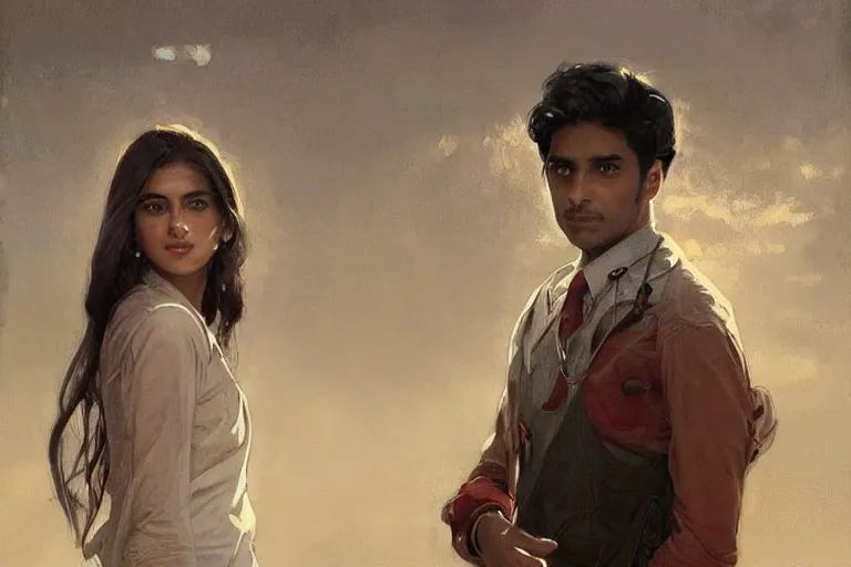 Image similar to Anxious good looking pale young Indian doctors wearing American clothes at the airport, portrait, elegant, intricate, digital painting, artstation, concept art, smooth, sharp focus, illustration, art by artgerm and greg rutkowski and alphonse mucha