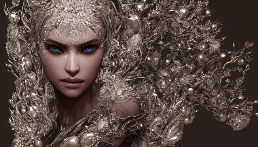 Image similar to full body detailed, ethereal, biomechanical, covered in diamonds and other gems glowing, highly detailed face, elegant posed, intricate, extremy detailed, beeple, cgsociety, 3 d unreal engine octane render. cinematic lighting, highly detailed 4 k art