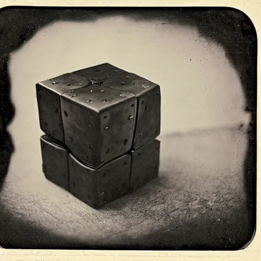 Image similar to 1 8 8 5 photo of a riveted companion!! cube!! from portal 2, heart shape, daguerrotype, high quality