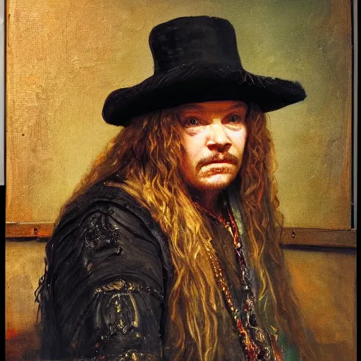 Prompt: axl rose as rembrandt's artist model in the studio. rembrandt is painting his portrait