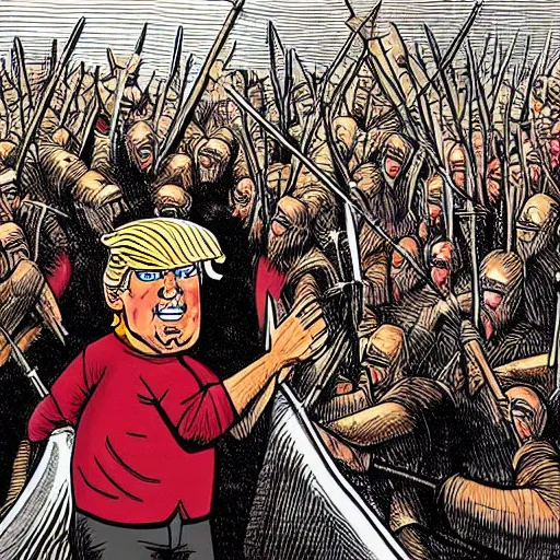 Prompt: political cartoon of trump hiding behind a shield made of hundreds of people who are getting pierced by arrows ( bloody )