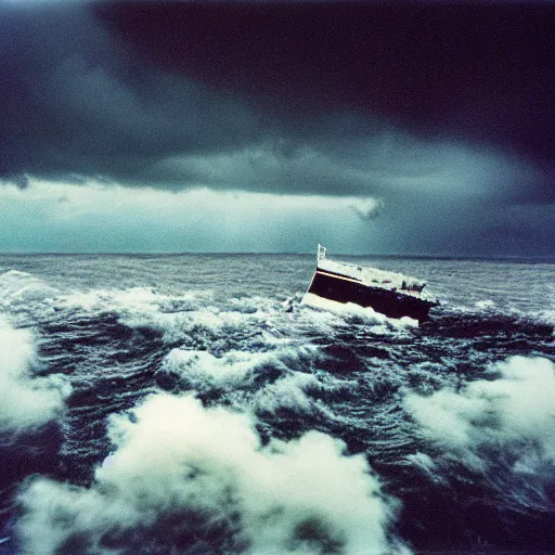 Prompt: thick clouds, moody, colorized,!!! sunk on the ocean floor, shipwreck, dramatic light, ultrafine, hyperrealistic, 3 2 k, 3 5 mm film still, movie