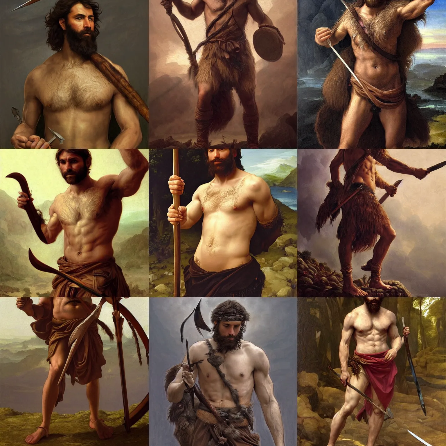 Image similar to renaissance painting full body portrait of a gruff ranger with a spear, lean and toned, handsome face, hairy chest and hairy body, D&D, intricate, elegant, highly detailed, digital painting, artstation, concept art, matte, sharp focus, chiaroscuro, well list, illustration, art by Artgerm and Greg Rutkowski and Alphonse Mucha