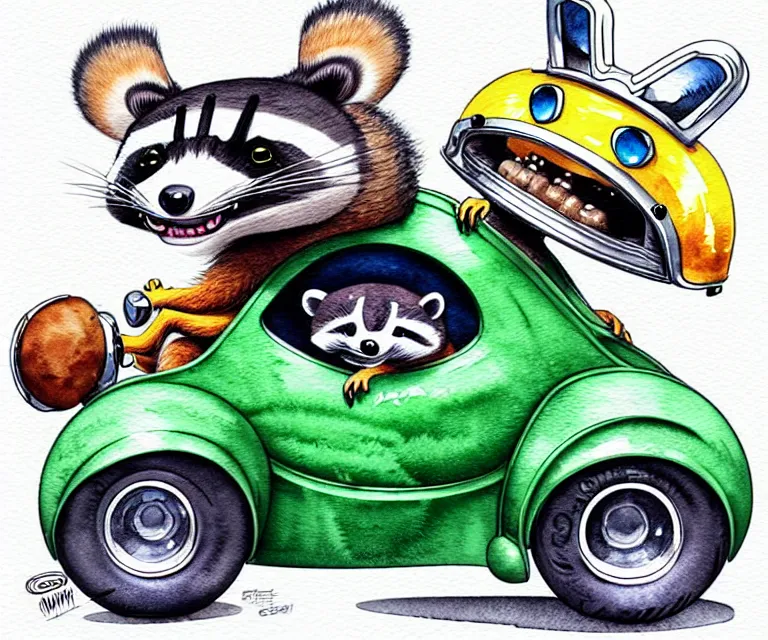 Image similar to cute and funny, racoon wearing a helmet riding in a tiny hot rod with oversized engine, ratfink style by ed roth, centered award winning watercolor pen illustration, isometric illustration by chihiro iwasaki, edited by range murata, details by artgerm