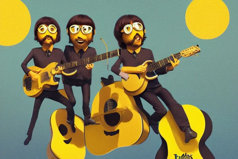 Prompt: the beatles performs with guitar on a giant yellow flying minion, sci fi, art by mike winkelmann, trending on cgsociety, retrofuturism, darksynth, sci - fi