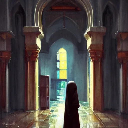 Image similar to detailed face of a woman, moment, courtyard, capital, cyberpunk mosque interior, control panel, watcher, omniscient, tech noir, wet reflections, impressionism, atmospheric, ambient, speed painting, livia prima, edward hopper