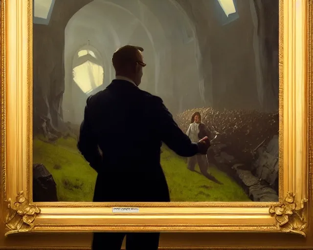 Image similar to president of poland opens a dark portal. fantasy art by greg rutkowski, gustave courbet, rosa bonheur, edward hopper. faithfully depicted facial expression, perfect anatomy, sharp focus, global illumination, radiant light, detailed and intricate environment, trending on artstation