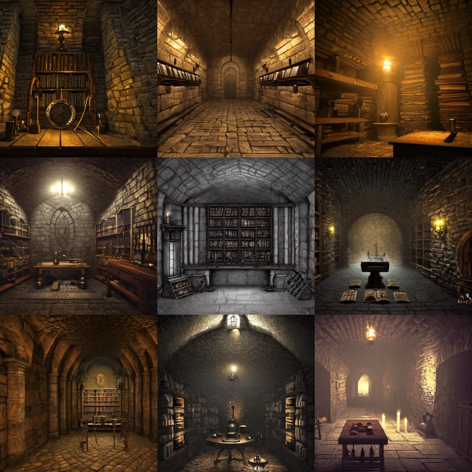 Prompt: dark crypt room with bookshelves filled with tomes and table with alchemy equipment, stone walls and pillars, gloomy, midnight, shadows, candlelight, unreal engine, trending on artstation, trending on cgsociety, trending on deviantart