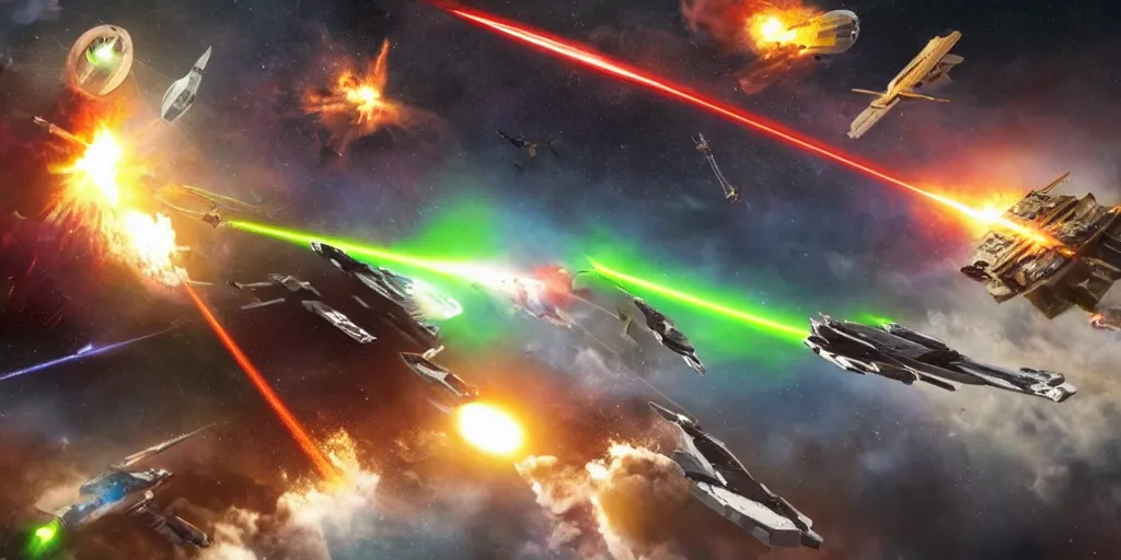 Prompt: an epic spaceship battle in low earth orbit between two waring factions, lasers and explosions.