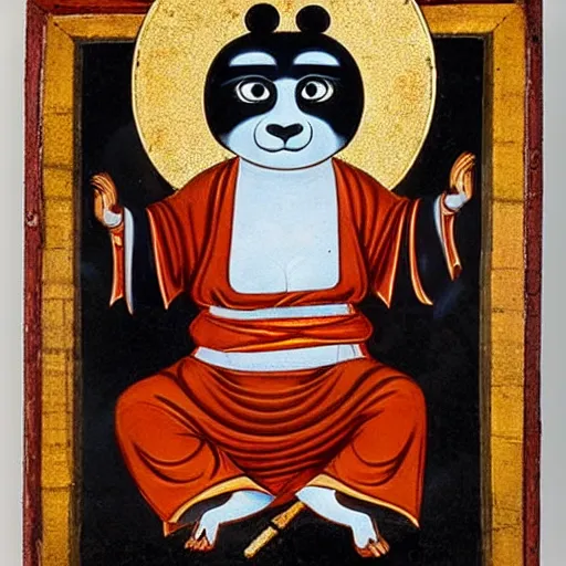 Image similar to a religious icon of kung fu panda with a halo, coal on wood, russia, 1 6 0 0