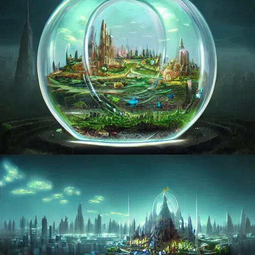 Image similar to a bubble terrarium utopia, with cities galore, dynamic lighting, fantasy concept art, trending on art station, stunning visuals, creative, cinematic, ultra detailed