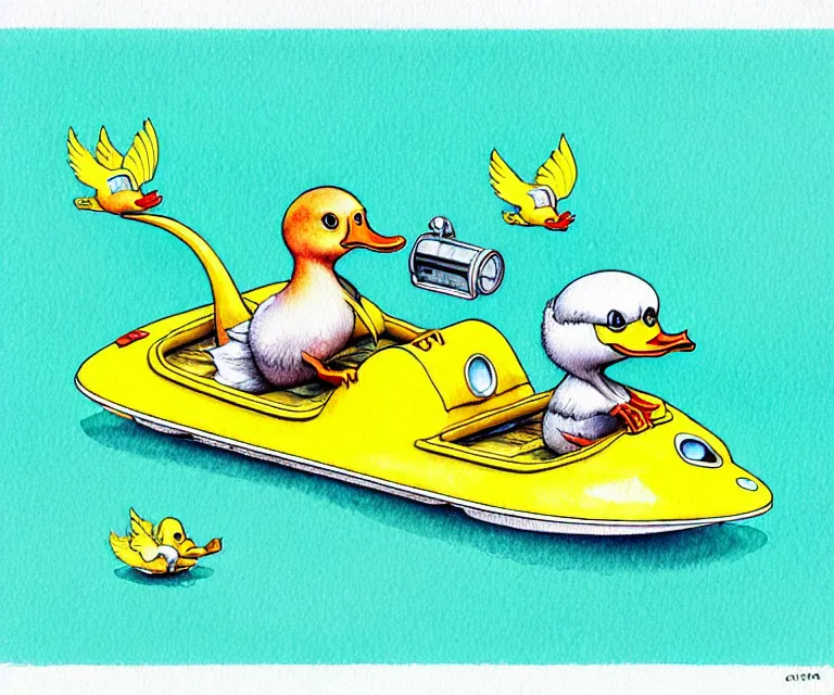 Image similar to cute and funny, duck riding in a tiny amphibious boat with wheels, ratfink style by ed roth, centered award winning watercolor pen illustration, isometric illustration by chihiro iwasaki, edited by craola, tiny details by artgerm and watercolor girl, symmetrically isometrically centered