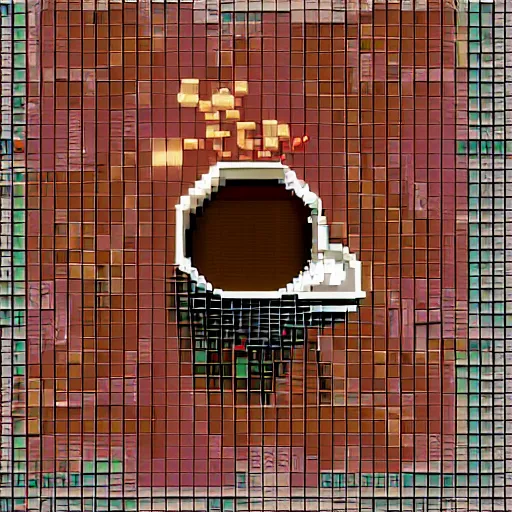 Image similar to A cup of coffee reflecting the surroundings in an alley, Pixel Art, Closeup