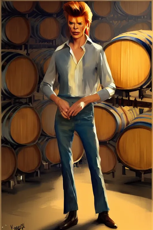 Image similar to david bowie 1 9 7 3 working in a winery, animation pixar style, by magali villeneuve, artgerm, jeremy lipkin and michael garmash, rob rey and kentaro miura style, golden ratio, trending on art station