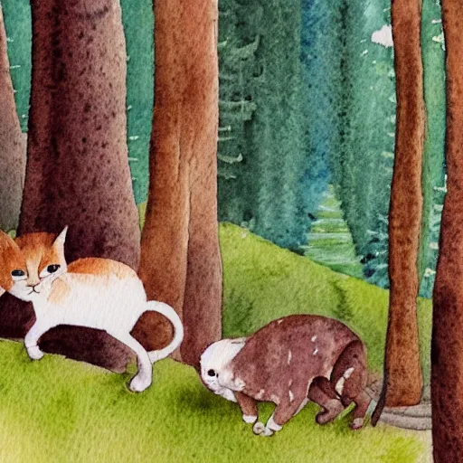 Image similar to tiny watercolour cats wandering through a forest into the distance illustration