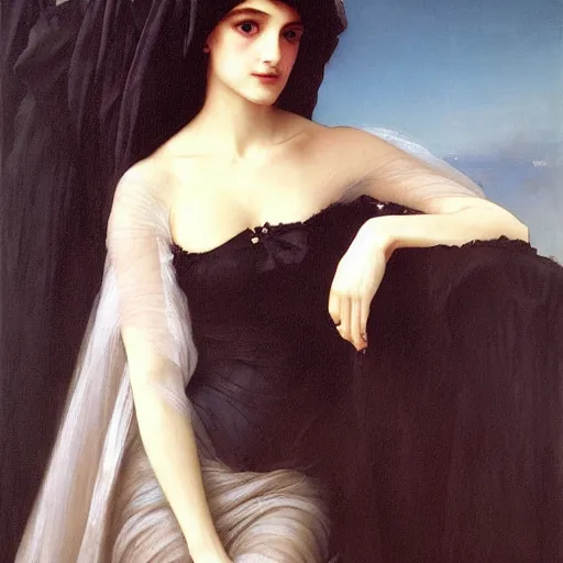 Image similar to oil painting of princess Vulvine, Hungarian, curly dark hair, fair skin, funeral veil, dark ominous by Georgia o Keeffe, by Marcel Jankowicz, by Bouguereau, by Gustave Moreau, concept art, master, realism, romantism