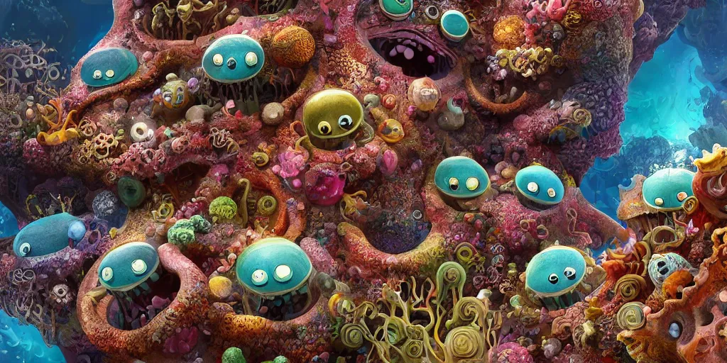 Image similar to of an intricate sea reef with strange cute friendly happy creatures with huge eyes, mouth, long tongue, round teeth and goofy face, appearing from the background, in the style of gehry and gaudi, macro lens, shallow depth of field, ultra detailed, digital painting, trending artstation, concept art, illustration, cinematic lighting, photorealism, epic, octane render