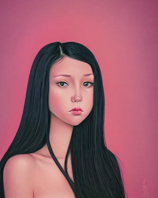 Prompt: A portrait painting of a gorgeous woman long black hair frowning, in the style of Audrey Kawasaki, octane render, highly detailed