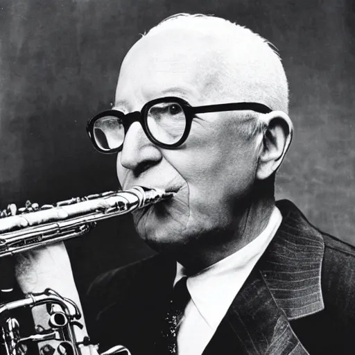 Prompt: Buckminster Fuller playing a jazz saxophone solo realistic