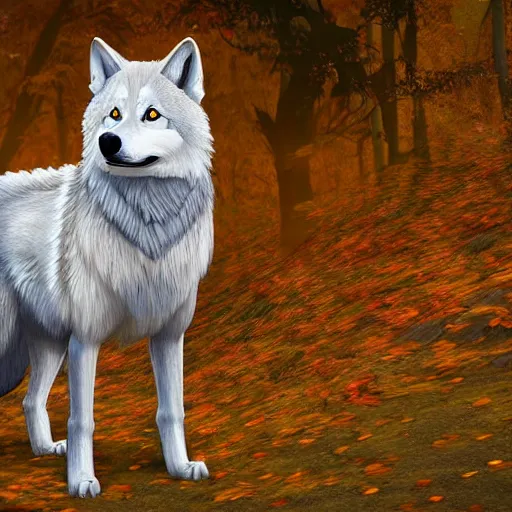 Image similar to professional stylized full - body digital art of a side profile of a cream tibetan wolf, tan and light brown accents, fluffy, falling leaves, hd, 8 k, highly detailed, high quality, cute
