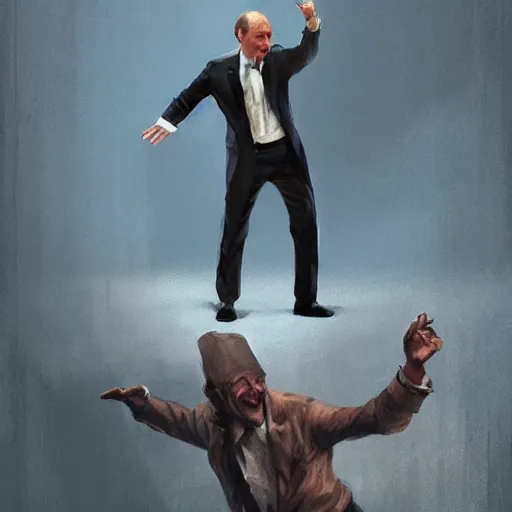 Image similar to putin wearing an funny clothes and dancing by greg rutkowski