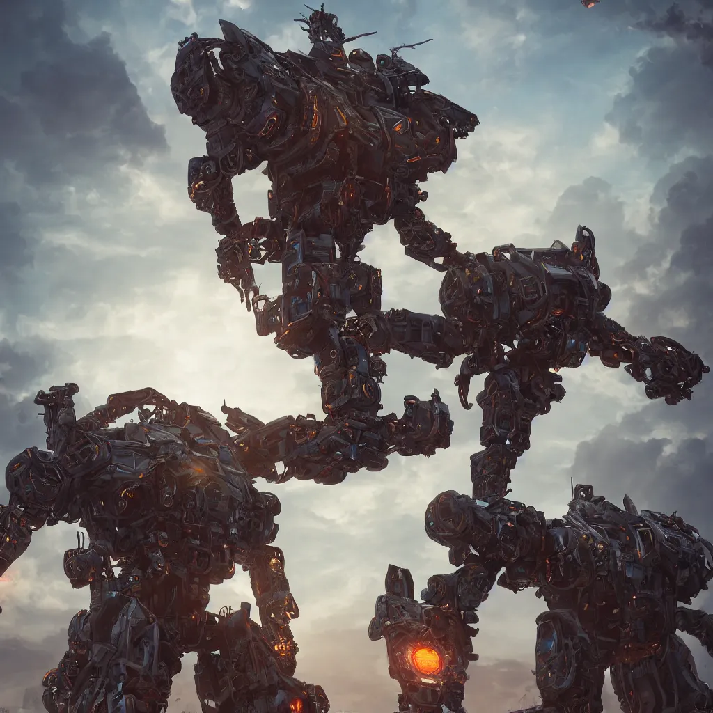 Prompt: mech, unreal engine, octane render, gigantic, unreal engine, octane render, 3D, brilliantly coloured, intricate, ultra wide angle, trending on artstation, dusk, volumetric lighting, HDR, polished, micro details, ray tracing