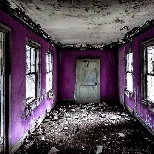 Image similar to unnerving and dark photograph of the inside of an abandoned insane asylum in an alternate horrific purple dimension