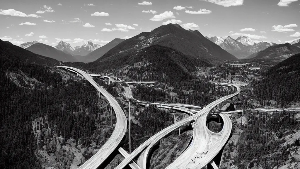 Prompt: landscape photo of mountains with highways and bridges by Ansel Adams