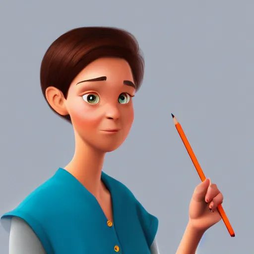 Prompt: Digital art of a portrait of an inspired woman holding a pencil, medium shot, white background, Pixar character