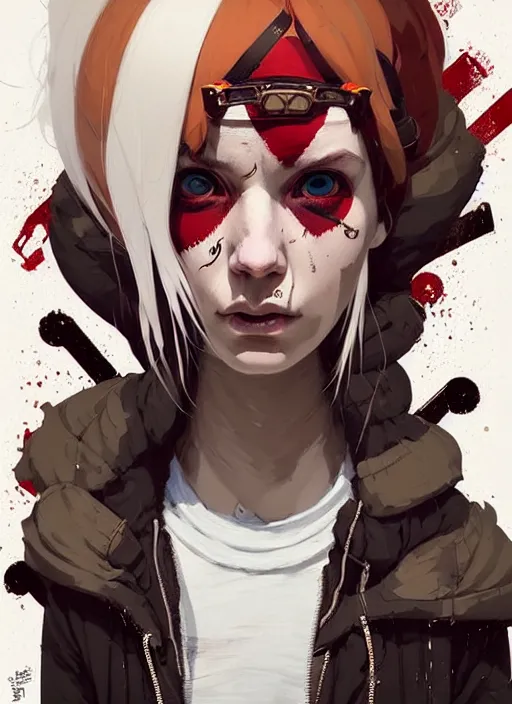 Image similar to highly detailed portrait of a sewer punk canadian lady, tartan hoody, white hair by atey ghailan, by greg rutkowski, by greg tocchini, by james gilleard, by joe fenton, by kaethe butcher, gradient red, brown, blonde cream and white color scheme, grunge aesthetic!!! ( ( graffiti tag wall background ) )