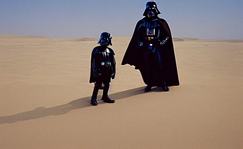 Prompt: ''Darth Vader and Mickey mouse at Tatooine, sand, tatooine, ship, dunes''