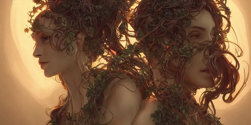 Prompt: scary plant people with tendrils, ominous, intense lighting, light beams, lens flare, intricate, elegant, highly detailed, digital painting, artstation, concept art, smooth, sharp focus, illustration, art by artgerm and serpentigena and alphonse mucha