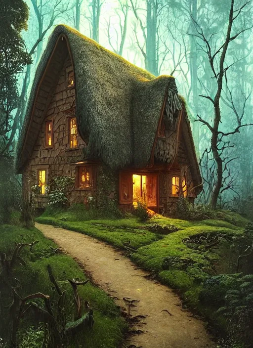 Image similar to hyper realistic homely ornate modern witch cottage distant down a path in the woods gorgeous lighting, blue sky, highly detailed, lush forest by zdzisław beksinski and norman rockwell and greg rutkowskiweta studio, and lucasfilm