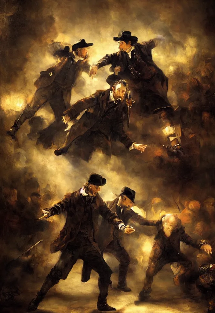 Prompt: high quality oil painting portrait of Sherlock Holmes fighting Moriarty by Rembrandt and Raymond Swanland, volumetric and perfect lighting, 4k, 8k, HD