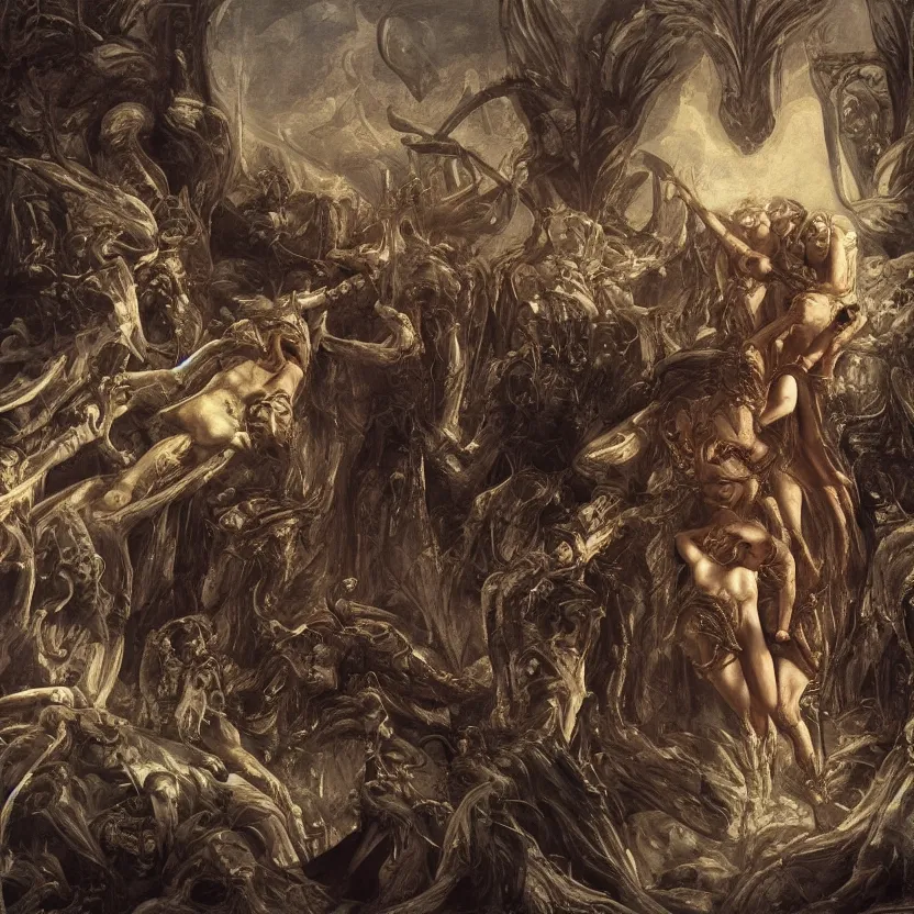 Image similar to still frame from Prometheus movie, Slaanesh succubus godess ssurounded by ornate pylons by wayne barlowe by caravaggio by giger by malczewski, avantgarde 4k wallpaper