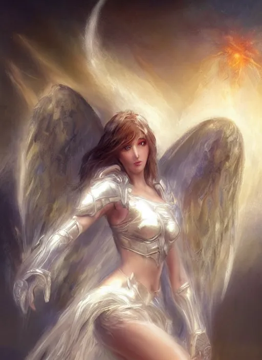 Image similar to concept art, angel knight girl. by artstation trending, by joseph mallord william turner, luis royo, konstantin razumov, cinematic lighting, fractal flame, highly detailed