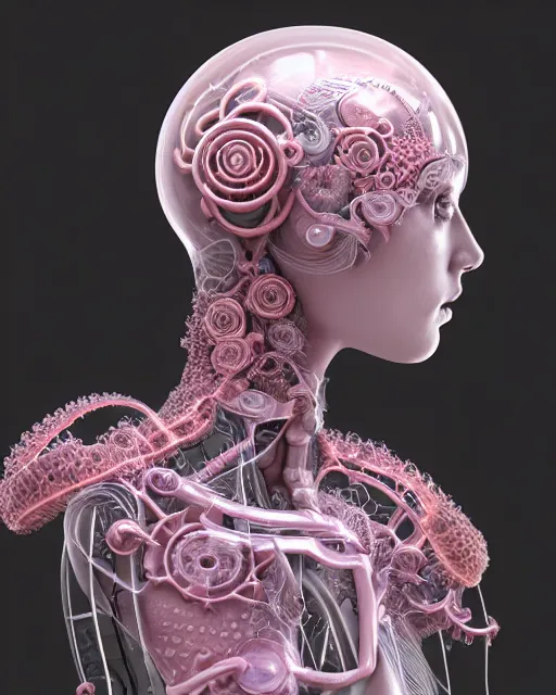 Image similar to mythical dreamy organic bio - mechanical spinal ribbed profile face portrait detail of translucent steampunk beautiful intricated monochrome angelic - human - queen - vegetal - cyborg, highly detailed, intricate translucent pale pink ivy jelly ornate, poetic, translucent roses ornate, 3 d render, digital art, octane render, 8 k artistic photography