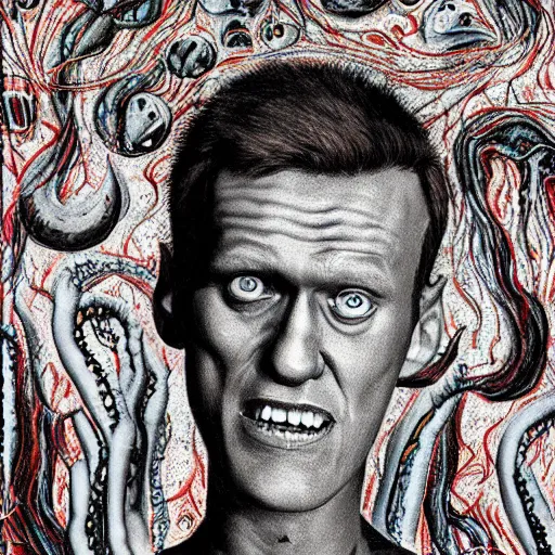 Image similar to navalny became bloody ugly lovecraftian degenerate abomination, photo - realistic, color image, 2 k, highly detailed, bodyhorror, occult art