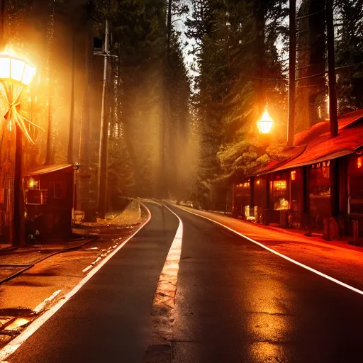 Prompt: photo a wet road surrounded by pine trees, wooden buildings on side of roads, neon signs on buildings, old fashioned gas lamps lining the road, beautiful photography, volumetric lighting, flickr, artstation, 8 k, moody lighting