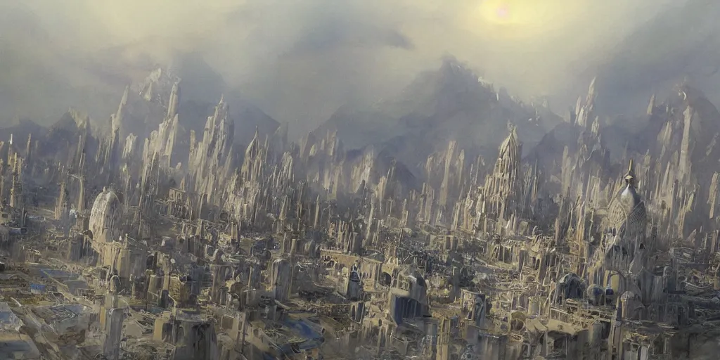 Image similar to a beautiful painting of epic fantasy islamic city and zaha hadid city by alan lee, trending on artstation