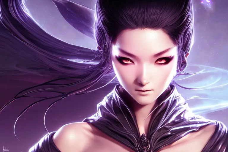 Image similar to veiled black dressed summoner girl and her ego weapons fighting against the outer gods. desert valleys, box office hit, fantasy and cosmic horror movie, unreal engine, intricate, highly detailed 8 k, ambient occlusion, extremely beautiful and aesthetic shape of face and body, art by hiroaki samura and ilya kuvshinov and rossdraws