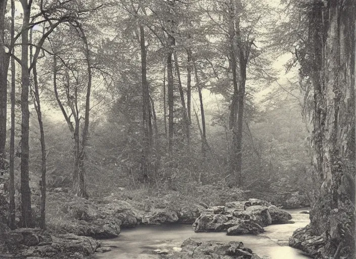 Image similar to Overlook of a river flowing through a tarot card forest, albumen silver print by Timothy H. O'Sullivan.