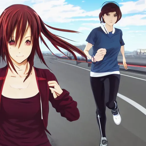 Image similar to anime style, gta 5, girl is running, angry look, red sport clothing, marathon race, brown short hair, hair down, symmetrical facial features, from arknights, hyper realistic, rule of thirds, extreme detail, 4 k drawing, safebooru, realistic lighting, by alphonse mucha, greg rutkowski, sharp focus, backlit