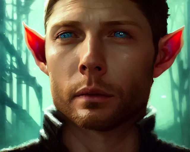 Image similar to highly detailed portrait of jensen ackles as an elf, in gta v, stephen bliss, unreal engine, fantasy art by greg rutkowski, loish, rhads, ferdinand knab, makoto shinkai and lois van baarle, ilya kuvshinov, rossdraws, tom bagshaw, global illumination, radiant light, detailed and intricate environment