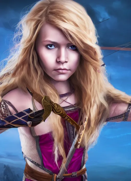 Image similar to An epic fantasy comic book style portrait painting of a young girl with long blonde hair and blue eyes. Wearing brown and magenta leather tribal combat clothes. She is holding hunting bow. Unreal 5, DAZ, hyperrealistic, octane render, cosplay, RPG portrait, dynamic lighting